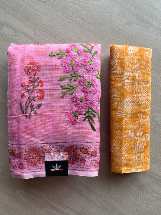 Embroidered Printed Kota Saree with Contrast Blouse-26590