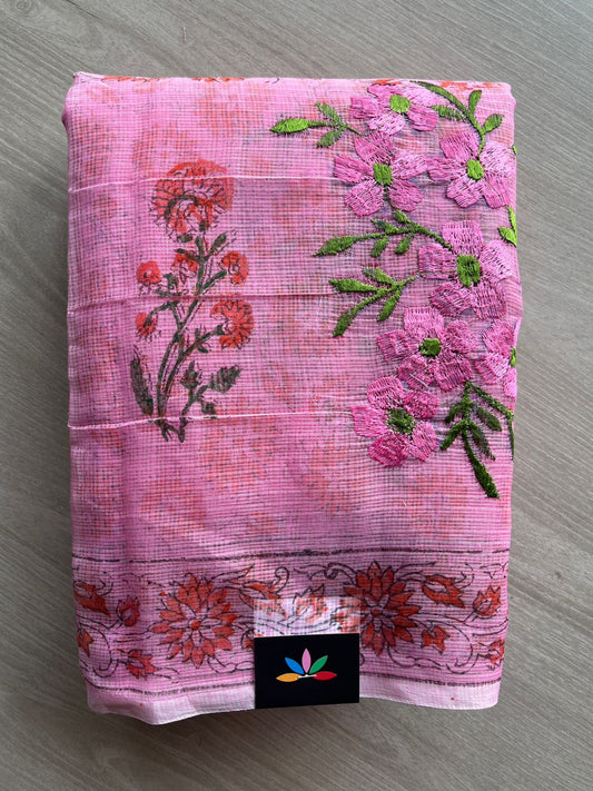 Embroidered Printed Kota Saree with Contrast Blouse-26590