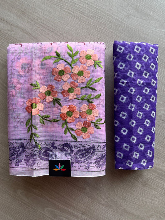 Embroidered Printed Kota Saree with Contrast Blouse-26591