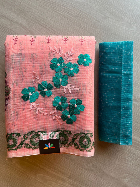 Embroidered Printed Kota Saree with Contrast Blouse-26592