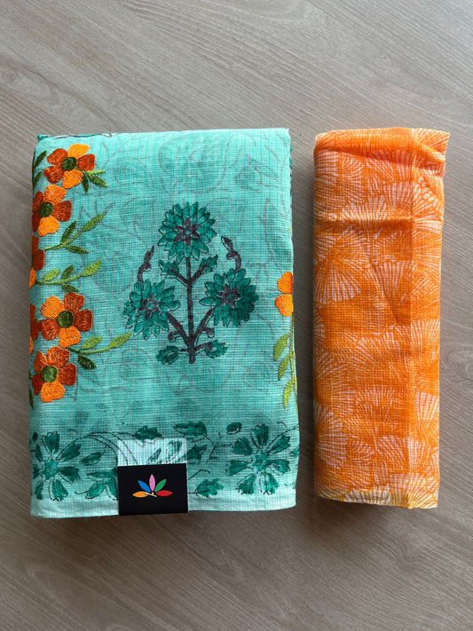 Embroidered Printed Kota Saree with Contrast Blouse-26593