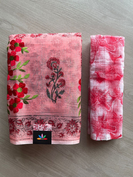 Embroidered Printed Kota Saree with Contrast Blouse-26594