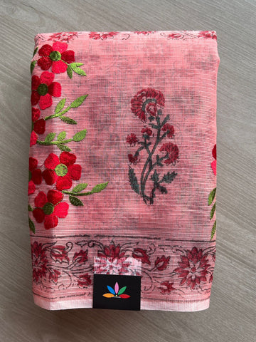 Embroidered Printed Kota Saree with Contrast Blouse-26594