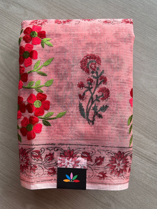 Embroidered Printed Kota Saree with Contrast Blouse-26594