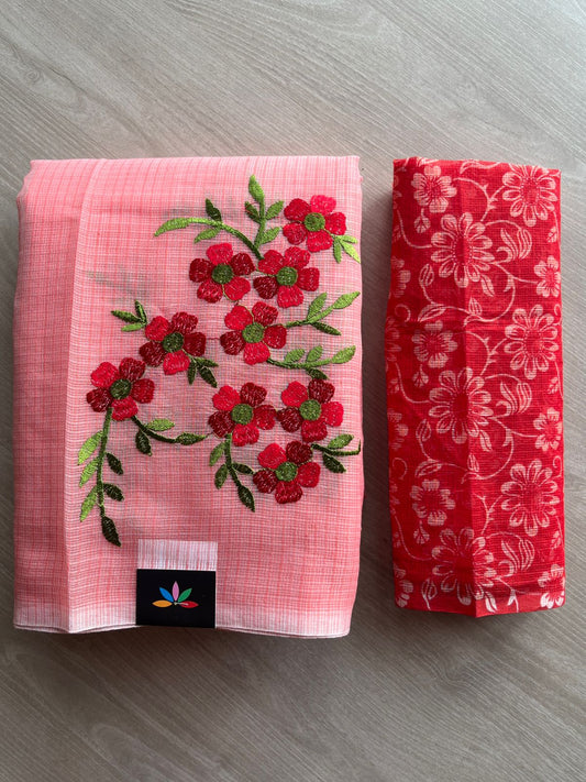 Simple Embroidery Kota Saree with Contrast Blouse-26597