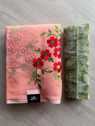Light Peach Pink Peach Shade Simple Embroidery Kota Saree with Contrast Blouse-26599