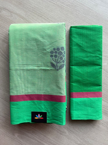 Pastel Green Handloom Fine Cotton Saree with Contrast Pallu and Blouse -26610
