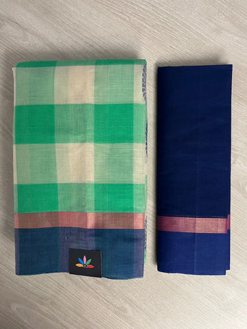 Mint Green & Light Beige Handloom Fine Cotton Saree with Contrast Pallu and Blouse - 26621