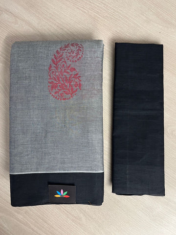 Double Tone (Gray/Black) Handloom Fine Cotton Saree with Contrast Pallu and Blouse - 26623