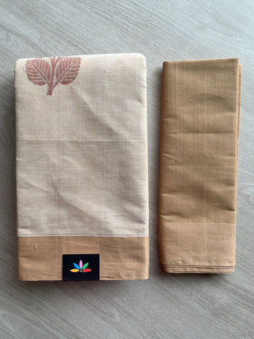 Light Beige Handloom Fine Cotton Saree with Contrast Pallu and Blouse - 26627