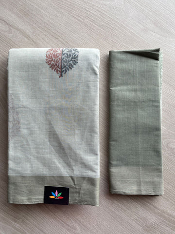 Light Gray Handloom Fine Cotton Saree with Contrast Pallu and Blouse - 26642