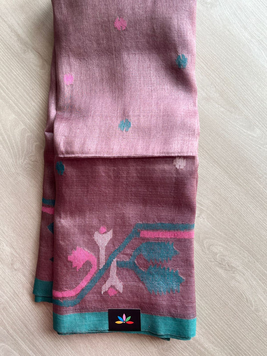 Handwoven Dhakai Tussar Silk Jamdani Saree - 26676