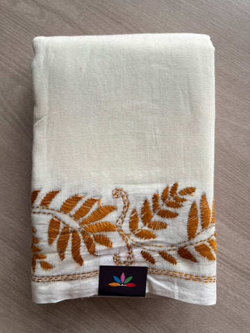 Cream White Kantha Stitch Cotton Saree -26699