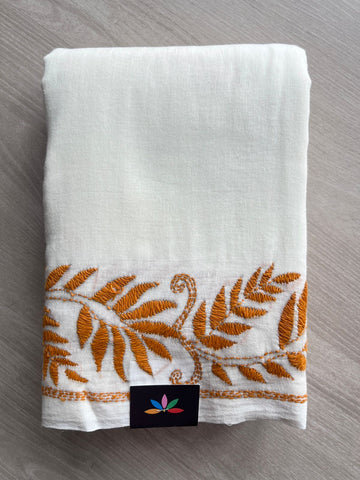 Cream White Kantha Stitch Cotton Saree - 26703