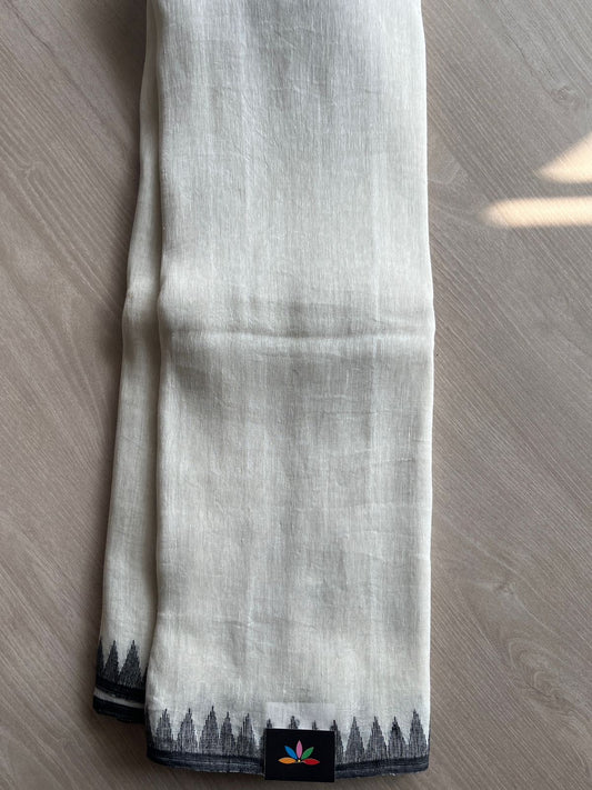 Handwoven Temple Border Fine Linen Saree- 26706