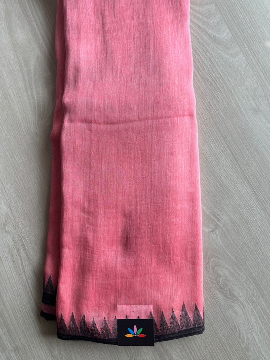 Handwoven Temple Border Fine Linen Saree- 26707