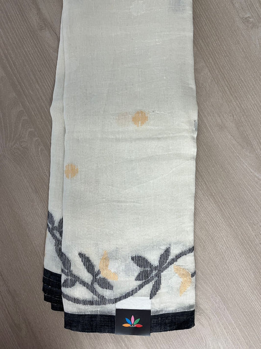 Offwhite with Black Handloom Fine Linen Jamdani Saree - 26708