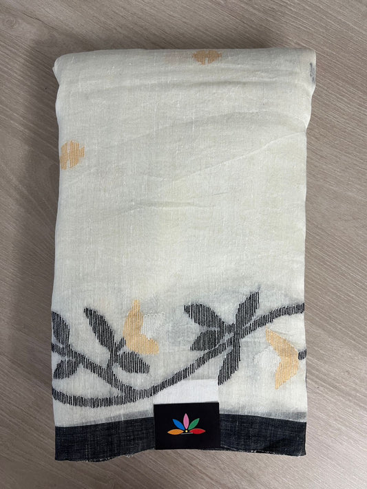 Offwhite with Black Handloom Fine Linen Jamdani Saree - 26708