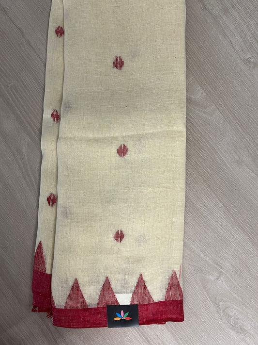Cream and Red Temple Border Fine Handloom Linen Jamdani Saree - 26709 - 26710