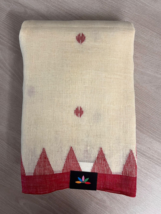 Cream and Red Temple Border Fine Handloom Linen Jamdani Saree - 26709 - 26710