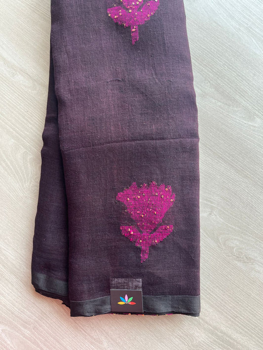 Floral Weave Linen Jamdani Saree - 26764