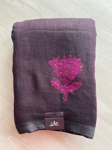 Floral Weave Linen Jamdani Saree - 26764