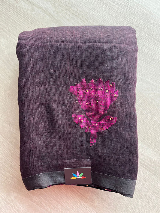 Floral Weave Linen Jamdani Saree - 26764