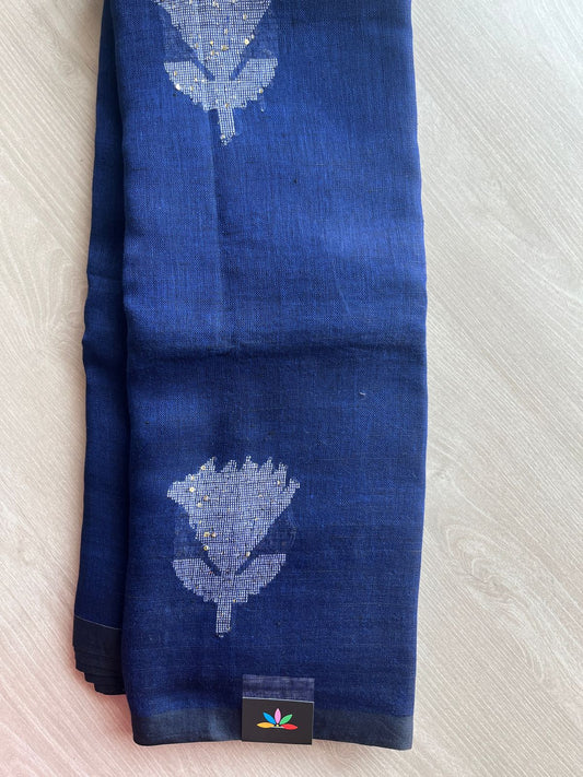 Floral Weave Linen Jamdani Saree - 26765