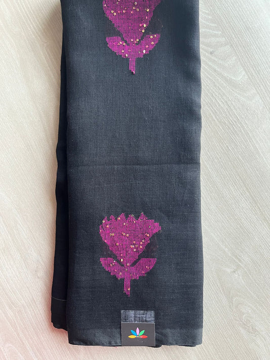 Floral Weave Linen Jamdani Saree - 26767