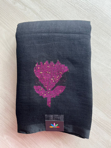 Floral Weave Linen Jamdani Saree - 26767