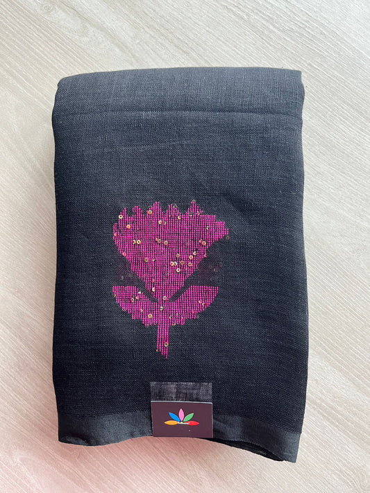 Floral Weave Linen Jamdani Saree - 26767