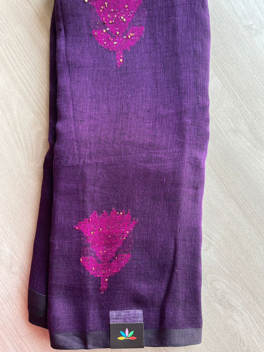 Floral Weave Linen Jamdani Saree - 26768