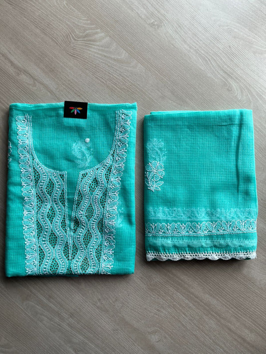 Handembroidered Chikankari Kota Kurti Fabric with Dupatta- 27285