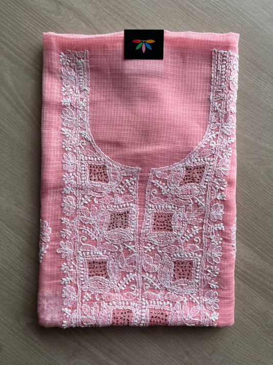 Handembroidered Chikankari Kota Kurti Fabric with Dupatta- 27287