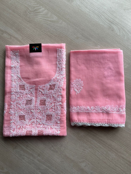 Handembroidered Chikankari Kota Kurti Fabric with Dupatta- 27287