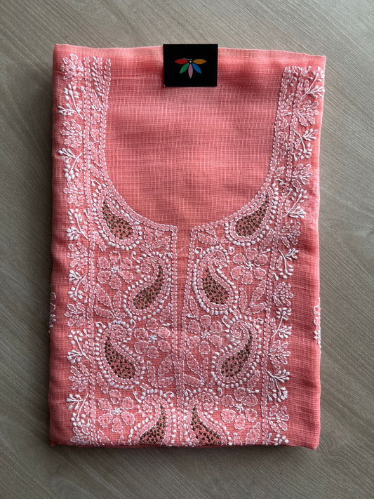 Handembroidered Chikankari Kota Kurti Fabric with Dupatta- 27289