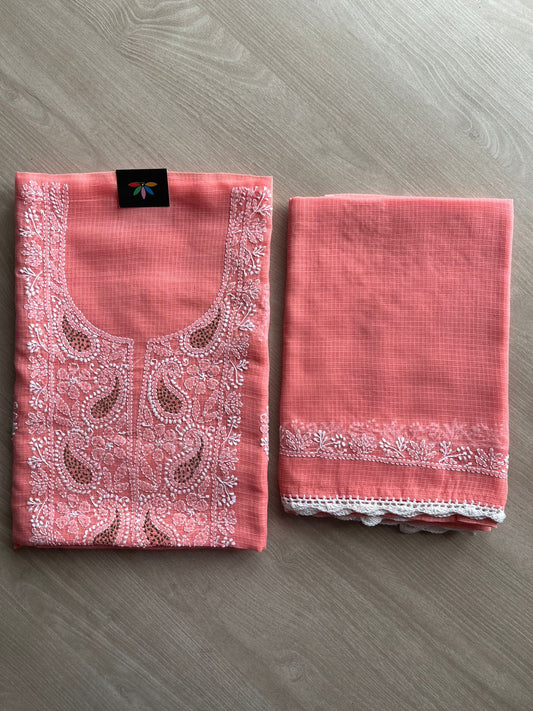 Handembroidered Chikankari Kota Kurti Fabric with Dupatta- 27289