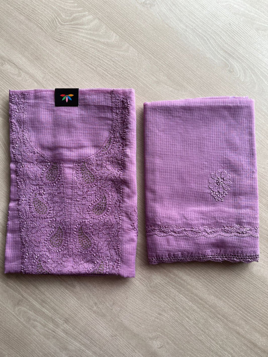 Handembroidered Chikankari Kota Kurti Fabric with Dupatta- 27291