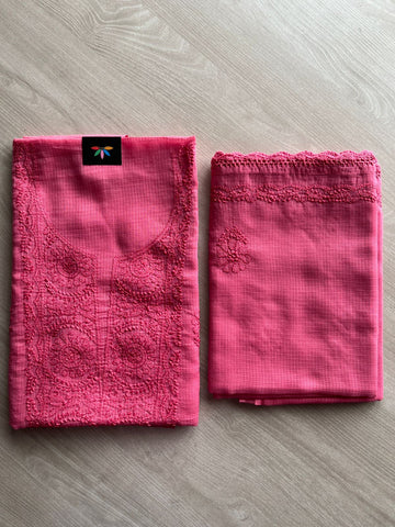 Handembroidered Chikankari Kota Kurti Fabric with Dupatta- 27292