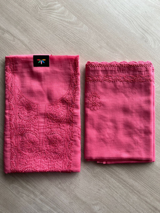 Handembroidered Chikankari Kota Kurti Fabric with Dupatta- 27292