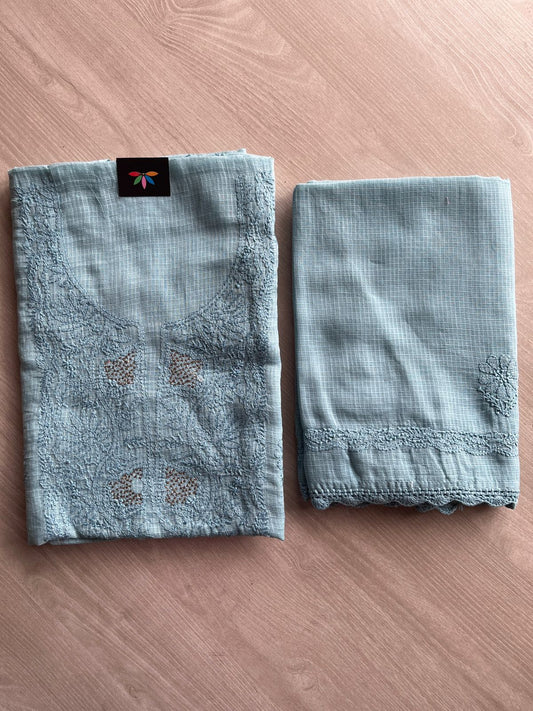 Handembroidered Chikankari Kota Kurti Fabric with Dupatta- 27293