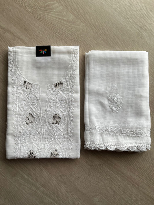 Handembroidered Chikankari Kota Kurti Fabric with Dupatta- 27294