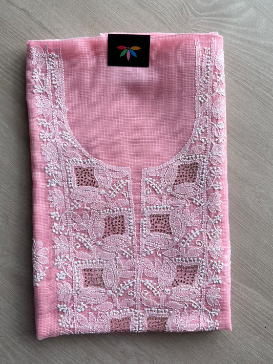 Handembroidered Chikankari Kota Kurti Fabric with Dupatta- 27295
