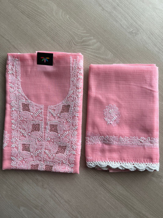 Handembroidered Chikankari Kota Kurti Fabric with Dupatta- 27295