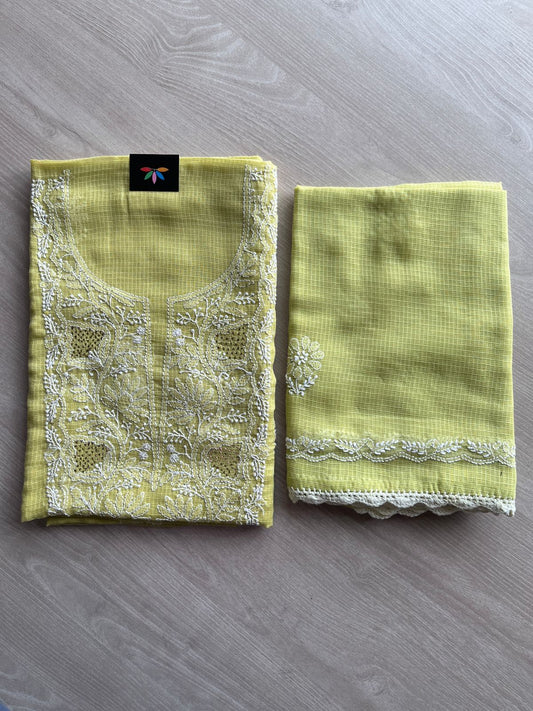 Handembroidered Chikankari Kota Kurti Fabric with Dupatta- 27296