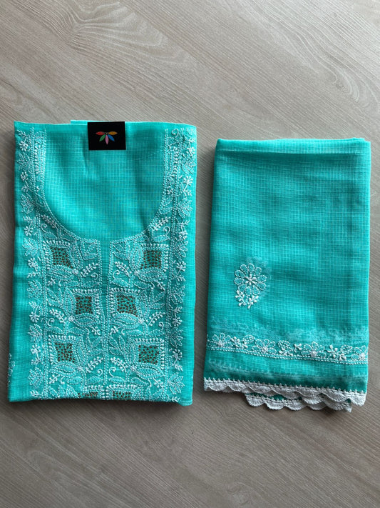 Handembroidered Chikankari Kota Kurti Fabric with Dupatta- 27297