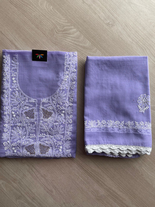 Handembroidered Chikankari Kota Kurti Fabric with Dupatta- 27298