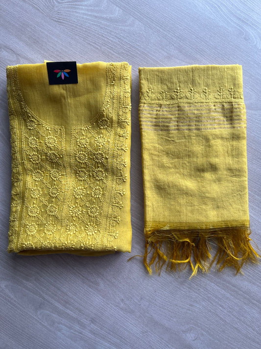 Hand Embroidered Chikankari Chanderi  Silk Cotton Kurti Fabric with Duppata-27299