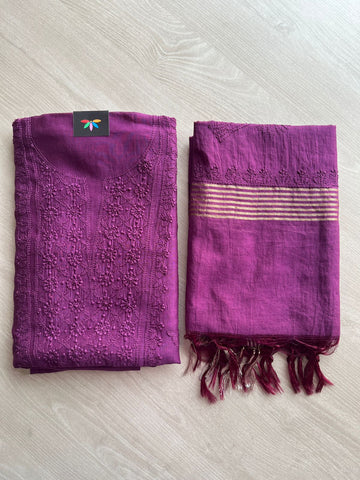 Hand Embroidered Chikankari Chanderi  Silk Cotton Kurti Fabric with Duppata-27300