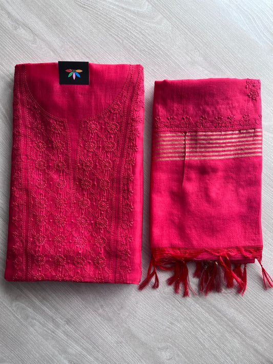 Hand Embroidered Chikankari Chanderi  Silk Cotton Kurti Fabric with Duppata-27302